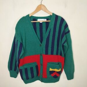 Vintage Eagles Eye Cardigan Sweater Shetland Wool Stripe Colorblock